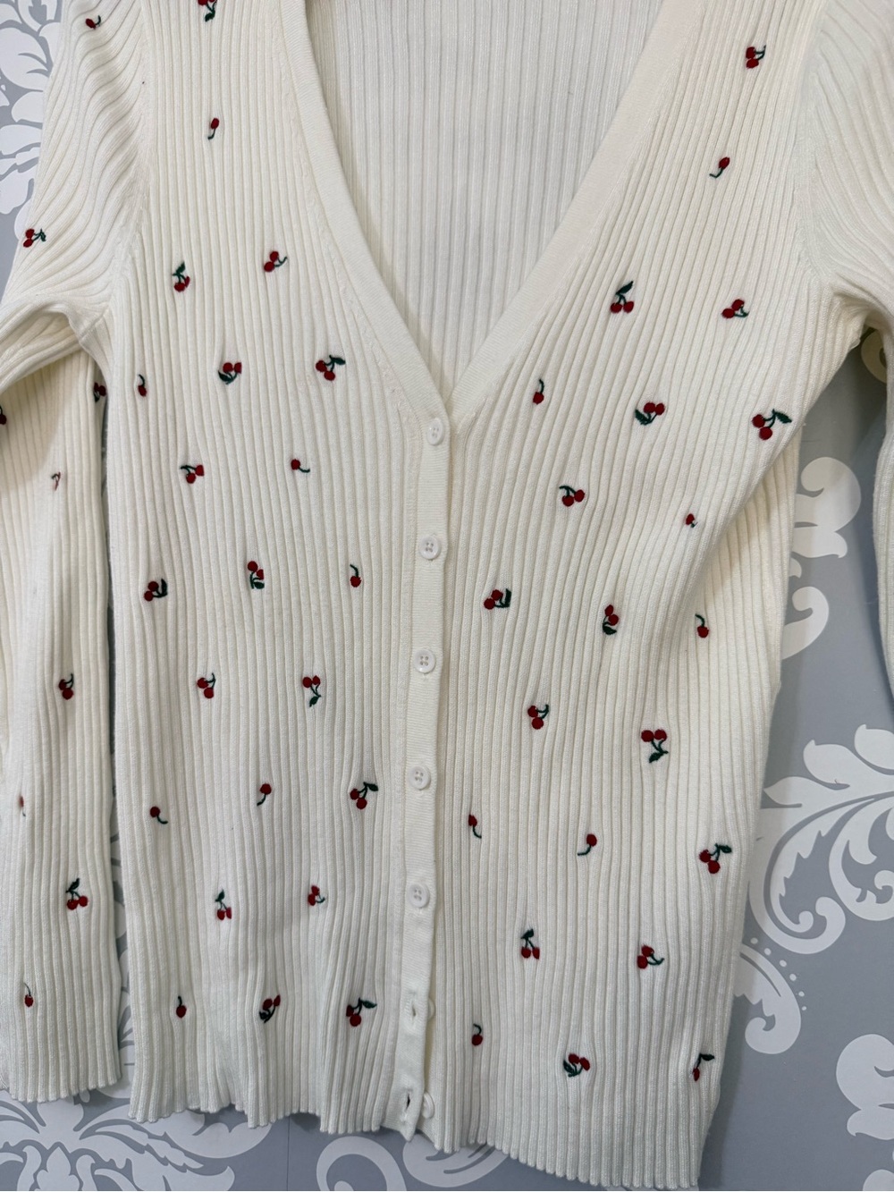 • Torrid Cream Ribbed Cardigan Sweater with Embroidered Cherry Accents - Picture 2 of 4